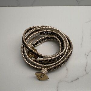 Nakamol Cream and Brown Beaded Wrap Bracelet With Amethyst (not real) in Middle